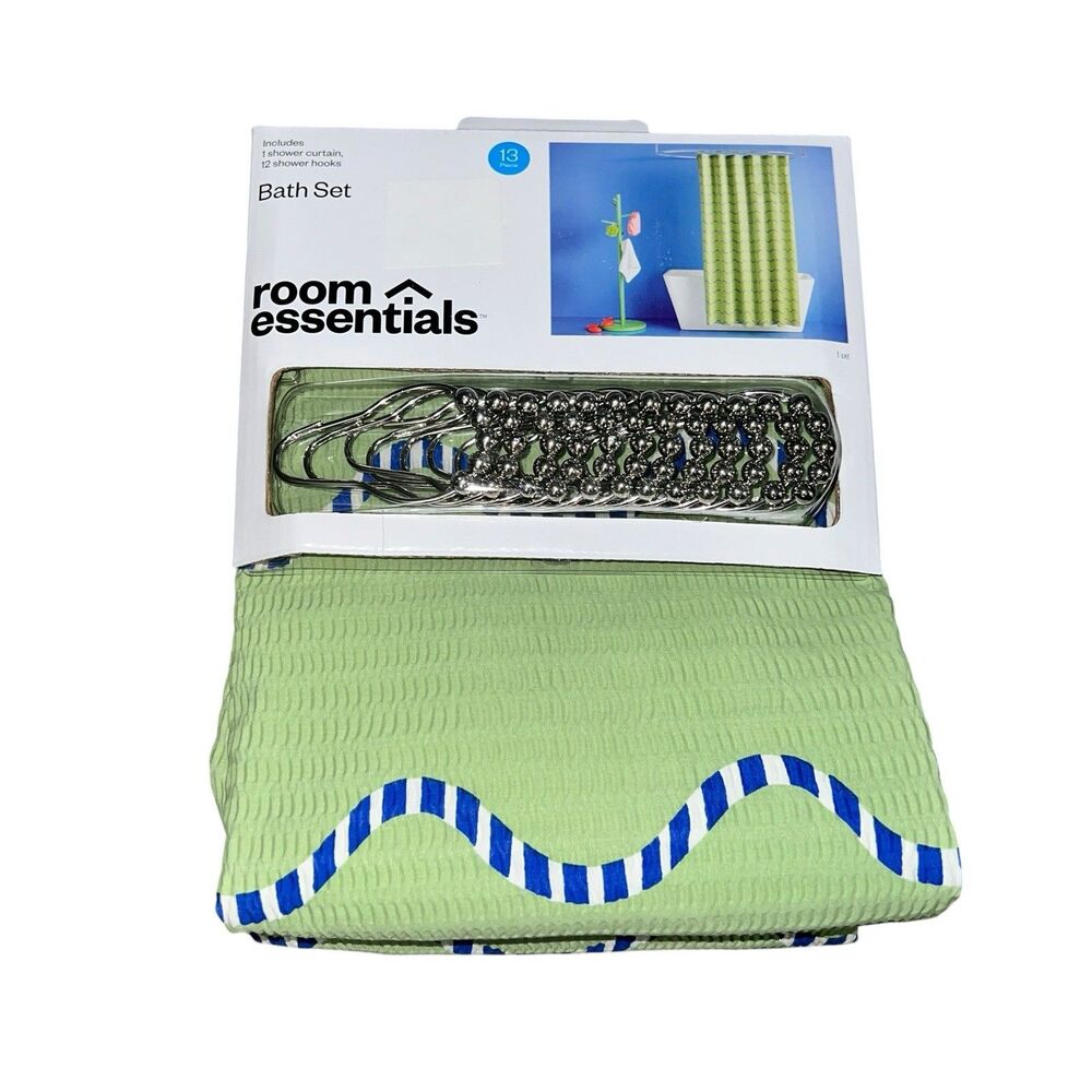Room Essentials 72” x 72” Shower Curtain 12 Shower Hooks Green Blue White